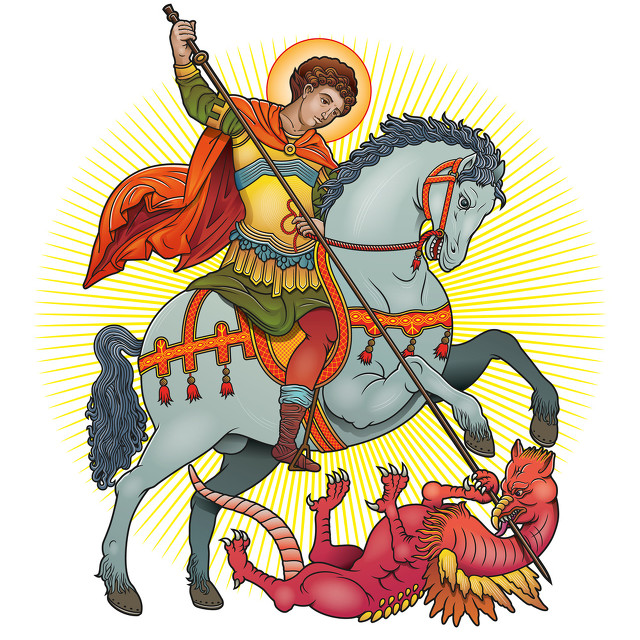 圣乔治在马上杀死龙矢量插图,saint george on horse slaying a